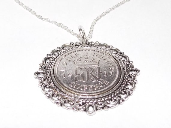 Fancy Pendant 1937 Lucky sixpence 87th Birthday plus a Sterling Silver 18in Chain, 87th birthday gift from 1937, 87th birthday, Loved One
