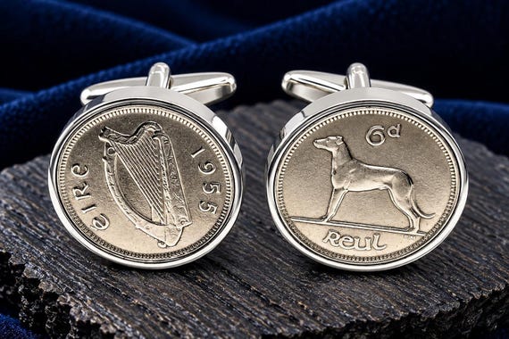Irish Coin Cufflinks, 1955 Sixpence with Silver Plated Backs