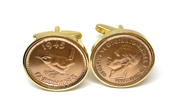 Luxury 1945 Farthing Cufflinks for a 80th birthday.  Original British Farthings inset in Gold Plated French Cufflinks backs 80th Loved One