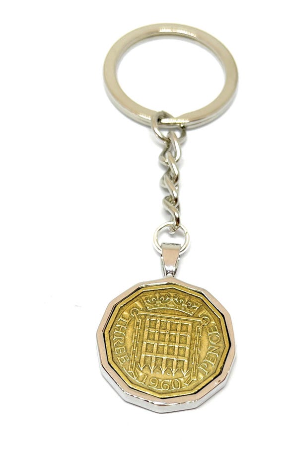 1960 Threepence 3d 65th birthday Keyring, Original 1960 threepence coin Keyring for 65th birthday, Mens 65th Gift, Fathers Day HT