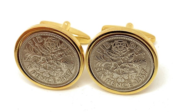 Premium 1957 Sixpence Cufflinks for a 67th birthday.  Original british sixpences inset in Silver Plated French Cufflinks backs 67th GLD