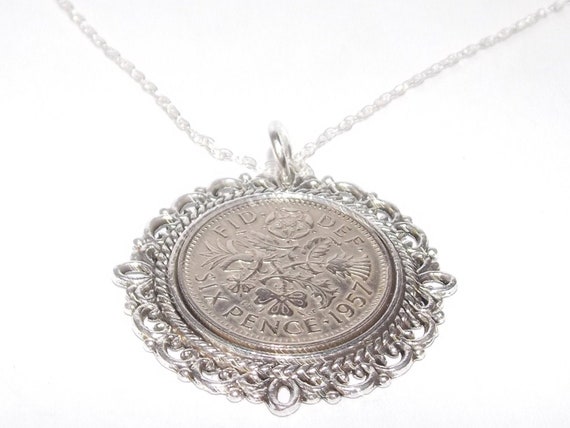 Fancy Pendant 1957 Lucky sixpence 68th Birthday plus a Sterling Silver Chain 68th birthday gift for her Thinking Of You, Mum Dad