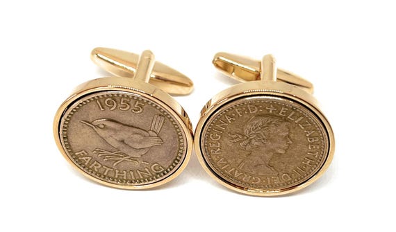 Luxury 1955 Farthing Cufflinks for a 70th birthday.  Original Farthings, 70th birthday , 70th, gift from 1955 Thinking Of You Rose GLD