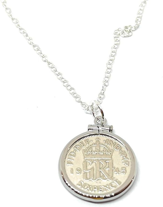 81st Birthday Gift, 1945 Sixpence Coin Pendant Solid Cinch: Sterling Silver Chain