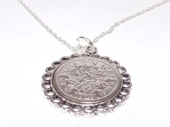 Fine Pendant 1929 Lucky sixpence 96th Birthday plus a Sterling Silver 18in Chain 1929 96th birthday gift, Gift from 1929 for a 96th birthday