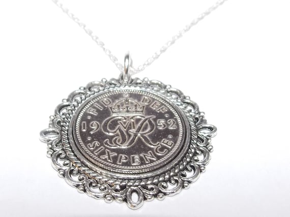 Fancy Pendant 1952 Lucky sixpence 72nd Birthday plus a Sterling Silver 18in Chain 72nd birthday gift for her, Thinking Of You, Mum, Dad