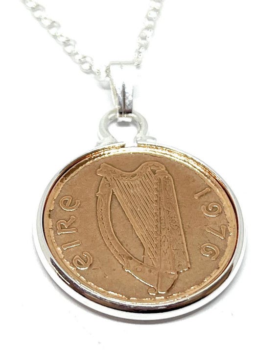 1976 49th Birthday Gift Irish Penny For Luck Coin Pendant : Silver Plated