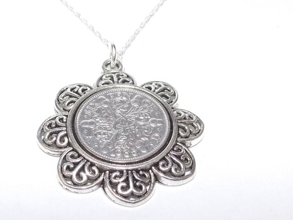 Floral Pendant 1936 Lucky sixpence 89th Birthday plus a Sterling Silver 18in Chain, 89th birthday, 89th birthday gift, 89th gift, 1936 gift