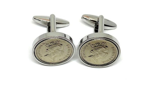1992 Cufflinks, British 5p Coins with Silver Plated Mounts