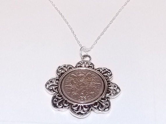 Floral Pendant 1935 Lucky sixpence 89th Birthday plus a Sterling Silver 18in Chain , 89th Gift idea , Born in 1935, 1935 birthday gift