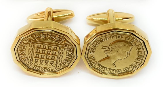 1964 Threepence coin cufflinks- Great coin gift idea. Genuine British 3d Threepence coin cufflink 1964 , Thinking Of You, Mum Dad, HT GLD