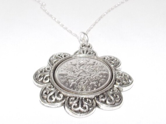Floral Pendant 1937 Lucky sixpence 87th Birthday plus Sterling Silver 22in Chain 1937 87th birthday gift, 87th gift, 1937 gift, ladies gift