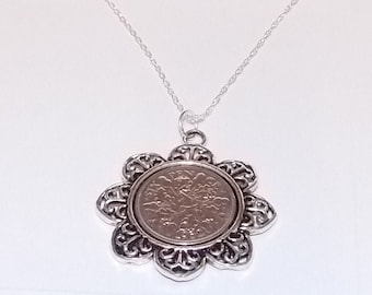 Floral Pendant 1934 Lucky sixpence 89th Birthday plus a Sterling Silver 18in chain 89th birthday gift for her, Thinking Of You, Mum, Dad
