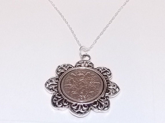 Floral Pendant 1934 Lucky sixpence 90th Birthday gifts for women Sterling Silver 18in chain 90th birthday gift for her, Thinking Of You, Mum