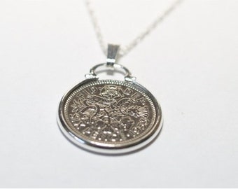 1959 65th Birthday gift for women Anniversary sixpence coin pendant Sterling Silver chain,  gift for 65th, Gift for mum, 65th 1959 Gift Idea
