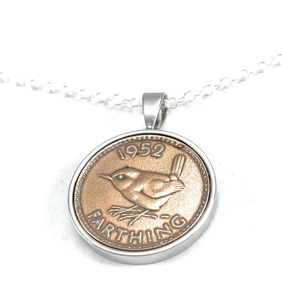 1952 Farthing 73rd Birthday Gift Pendant: Silver, Gold or RoseGold Plated backs
