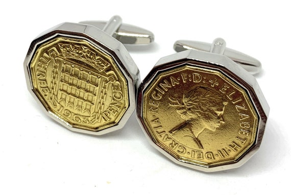 1963 Threepence 3d 61st birthday Cufflinks - Original 1963 threepence coin cufflinks 61st slv HT - 61st Birthday gift for him Loved One