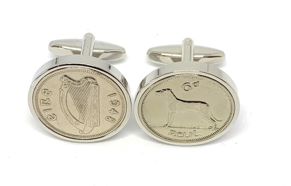 1948 Irish Sixpence Coin Cufflinks 77th Birthday Gift: Silver Plated Mounts