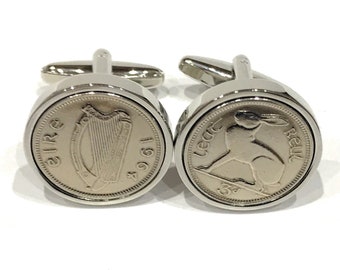 1964 Irish coin cufflinks- Great coin gift idea. Genuine Irish 3d threepence coin cufflink 1964 with hare and harp, Thinking Of You, Dad SLV