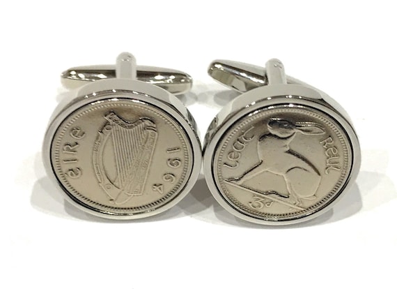 1964 Irish coin cufflinks- Great coin gift idea. Genuine Irish 3d threepence coin cufflink 1964 with hare and harp, Thinking Of You, Dad SLV