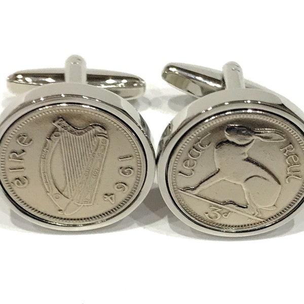 1964 Irish coin cufflinks- Great coin gift idea. Genuine Irish 3d threepence coin cufflink 1964 with hare and harp, Thinking Of You, Dad SLV