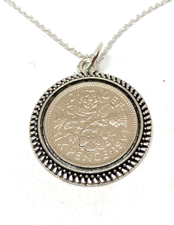 Round Pendant 1960 Lucky sixpence 64th Birthday plus a Sterling Silver 18in Chain - 1960, 1960 64th birthday gift, 64th gift, 1960 gift