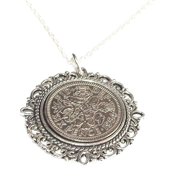 Fancy Pendant 1954 Lucky sixpence 70th Birthday gifts for women plus a Sterling Silver 18in Chain, Thinking Of You, Mum, Dad