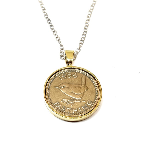 1954 70th Birthday gifts for women Anniversary Farthing coin Gold Plated Solid Pendant  18 Inch SS Chain 70th birthday gift for her