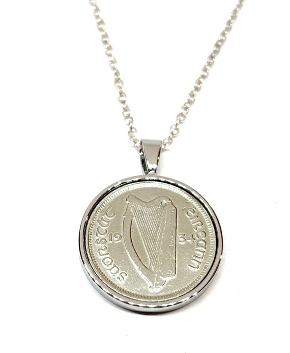 1934 91st Birthday / Anniversary 3d Irish Threepence coin Solid pendant plus 18inch SS chain gift 91st birthday gift for her, SLV