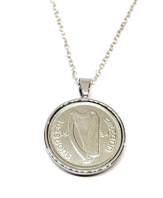 1934 90th Birthday / Anniversary 3d Irish Threepence coin Solid pendant plus 18inch SS chain gift 90th birthday gift for her, SLV