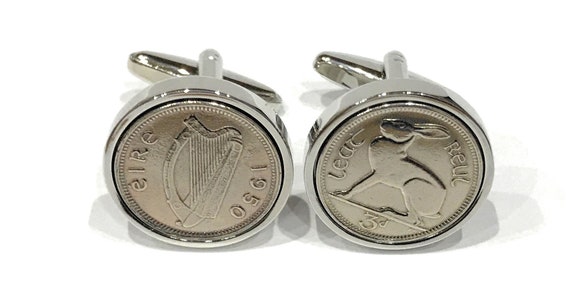 1950 Irish coin cufflinks- Great gift idea. Genuine Irish 3d threepence coin cufflink 1950 Thinking Of You,  Special Friend, Mum, Dad