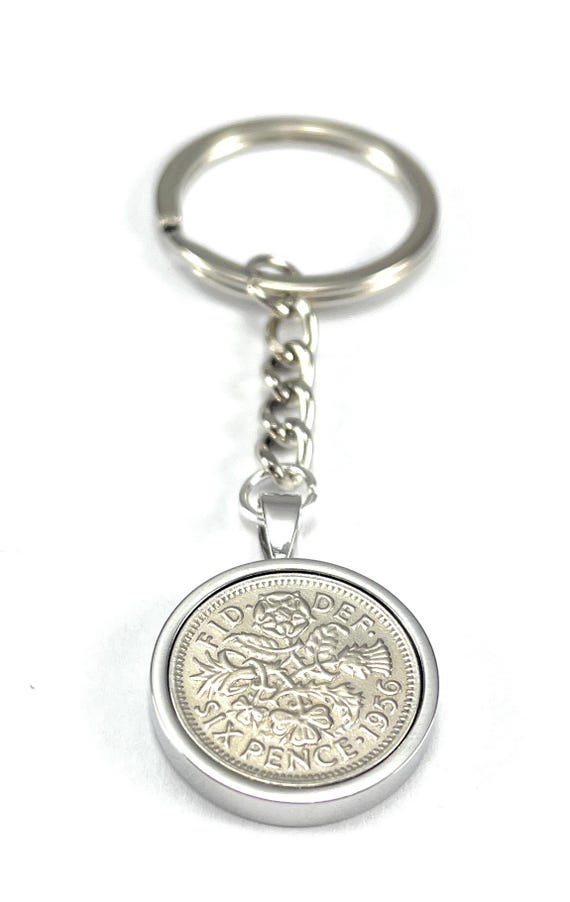 1956 69th Birthday Gift Sixpence Coin Keyring: Silver, Gold or RoseGold Plated Mounts