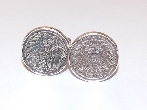 German Empire Imperial Eagle Coin Cufflinks in silver plated mounts, 5 Pfennig Germany Reichsadler Thinking Of You,  Special Friend, dad,
