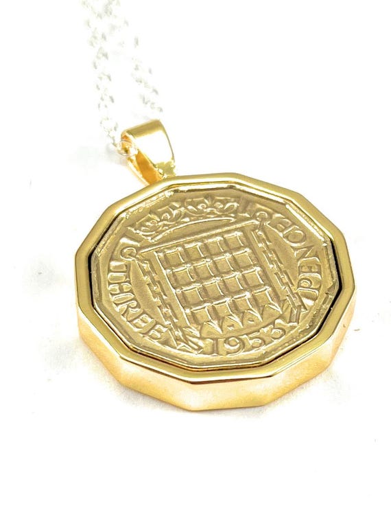 1953 Threepence coin pendant 72nd Birthday Gift: Gold Plated mount