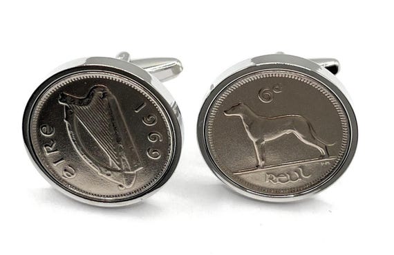 Irish Coin Cufflinks, 1969 Sixpence in Silver Plated Mounts