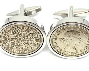 1964 Sixpence Cufflinks: 61st Birthday Gift, Silver Plated