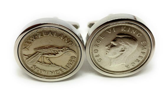Luxury 1950 New Zealand Sixpence Cufflinks for a 75th birthday.  Genuine New Zealand Sixpence inset in Silver Plated Cufflinks 75th Dad