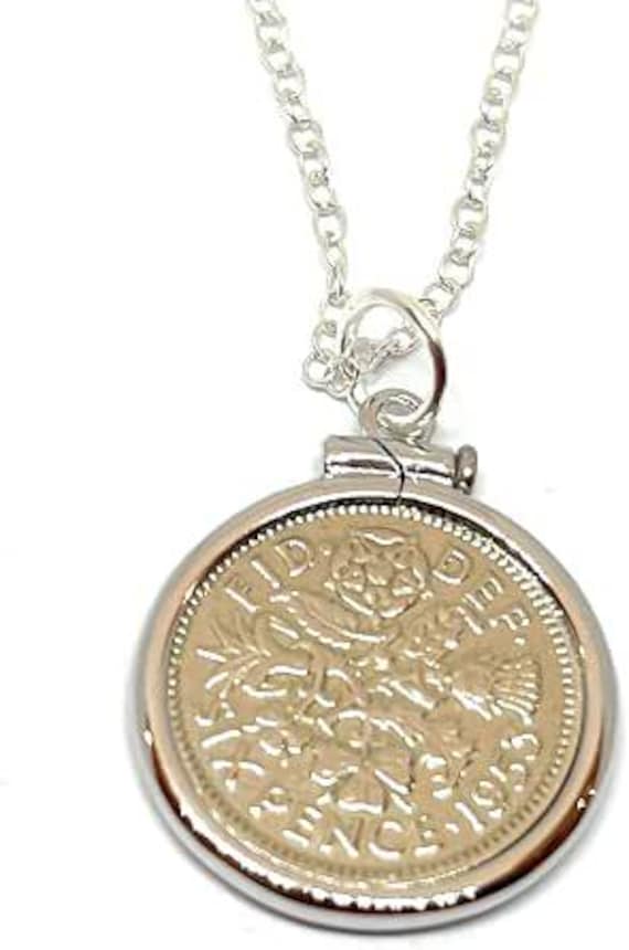 73rd Birthday Gift, 1953 Sixpence Coin Pendant Solid Cinch: Sterling Silver Chain