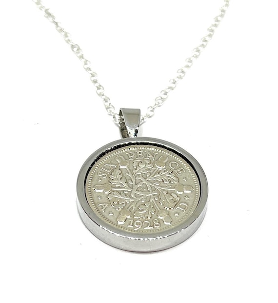 1928 97th Birthday gift Anniversary sixpence coin pendant: Silver, Gold or RoseGold Plated