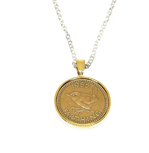 Round Pendant 1955 Lucky Farthing 70th Birthday gift plus a Sterling Silver 18in Chain, 70th birthday , 70th, gift from 1955 Gld