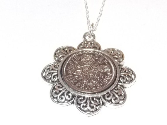 Floral Pendant 1964 Lucky sixpence 61st Birthday gifts for women Sterling Silver 18in Chain 61st birthday gift for her, Thinking Of You, Mum