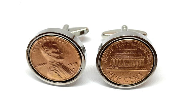 1976 49th Birthday Gift Anniversary 1 cent Canadian coin cufflinks, Silver plated backs