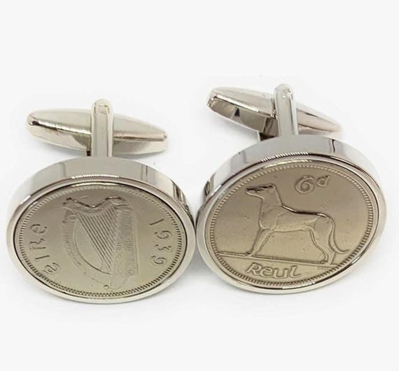 Silver Plated Cuffs, 1939 Irish Sixpence Cufflinks with Gift Box