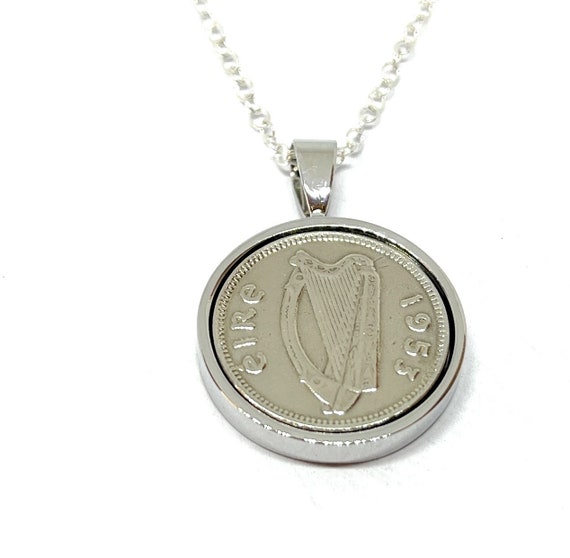 72nd Birthday Gift Solid Pendant 1953 Irish Threepence plus Sterling Silver 18in Chain - 1953, 1953 72nd birthday 72nd, 1953 gift