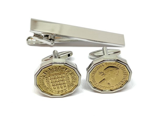 1963 Threepence 3d 61st birthday Cufflinks - Original coin cufflinks 61st Birthday, Dads Gift, fathers day, Gift for him, GLD Tie clip set