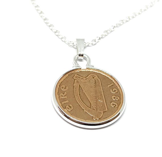 1986 39th Birthday Gift Irish Penny For Luck Coin Pendant : Silver Plated