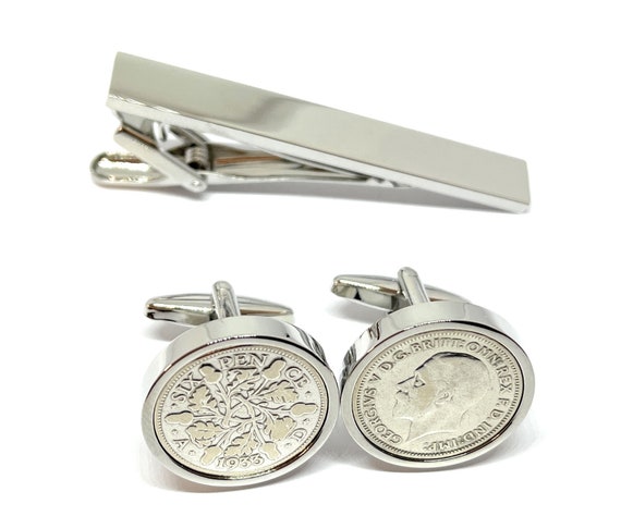 1933 Sixpence Coin Cufflinks Set, 93rd birthday gift: Silver Plated