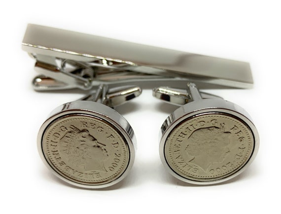 Premium 2000 Lucky five pence cufflinks for a 25th Birthday cufflinks and  Tie Clip Set, 25th  Dad, 25th Brother, Fathers day - PLN