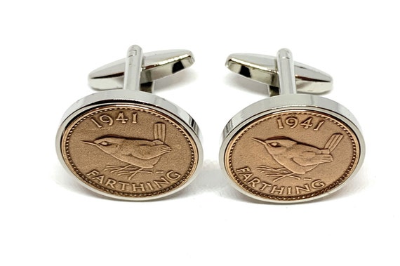 Premium 1942 Farthing Cufflinks for a 82nd birthday.  Original British Farthing inset in Silver Plated French Cufflinks backs 82nd