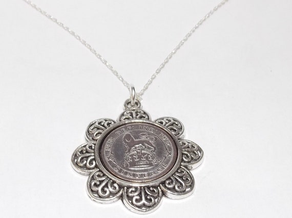 Floral Pendant 1925 Lucky sixpence 99th Birthday plus a Sterling Silver 18in Chain 99th birthday gift for her Thinking Of You, Mum Dad